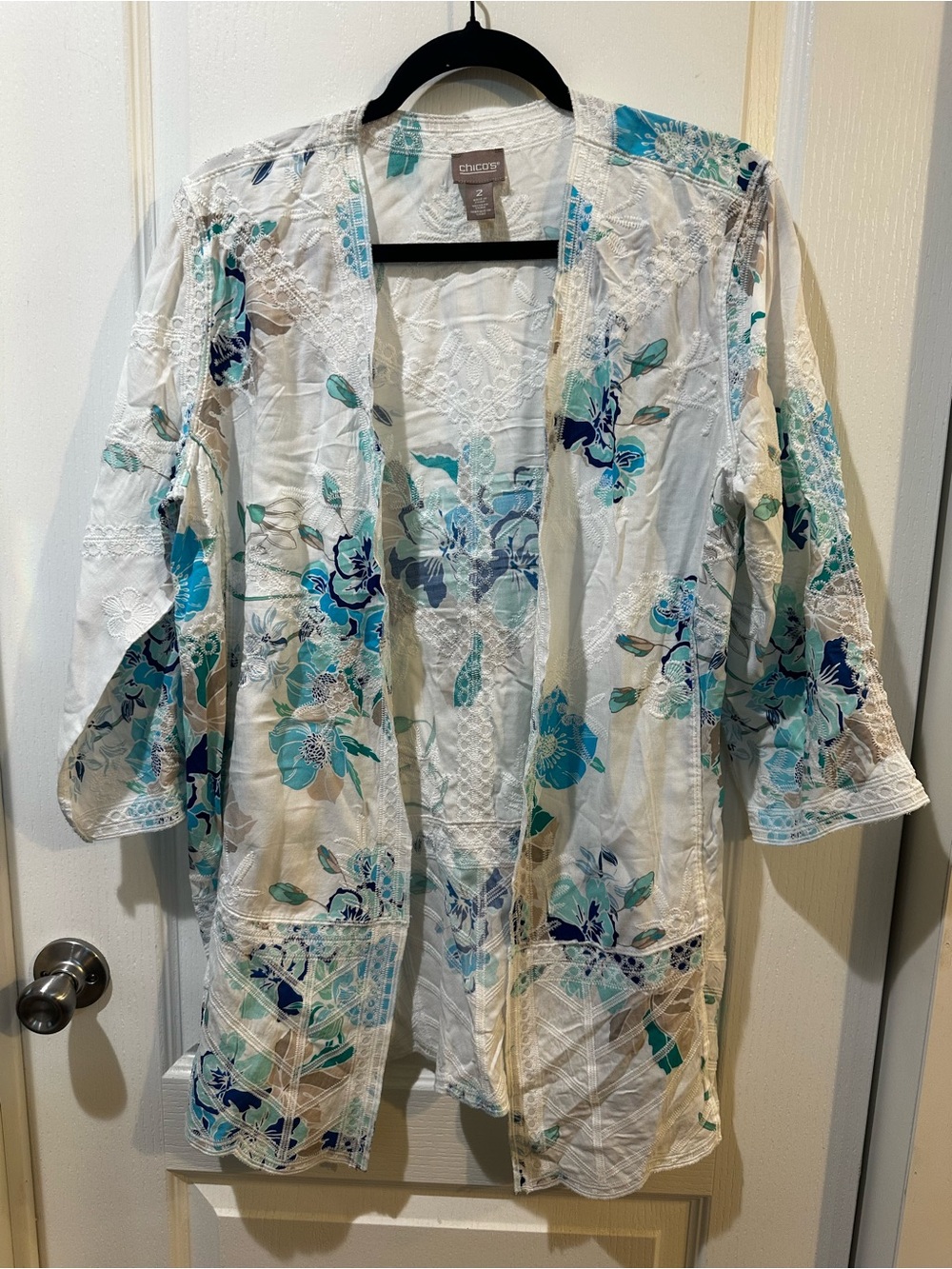 Chico's White Floral Lace-Trim Open Front Kimono with Teal & Blue Accents